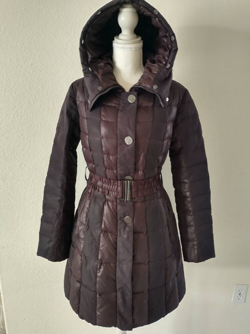 Snowimage Luxury Quilted Down Puffer Coat Hooded Belted - AS IS Flaws / READ